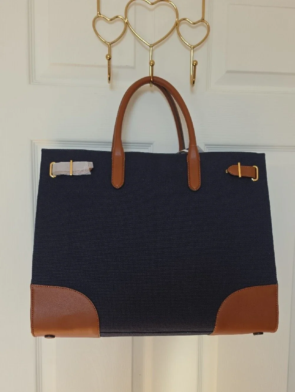 Lauren Ralph Lauren Navy Canvas Tote with Brown Leather Trim & Handles